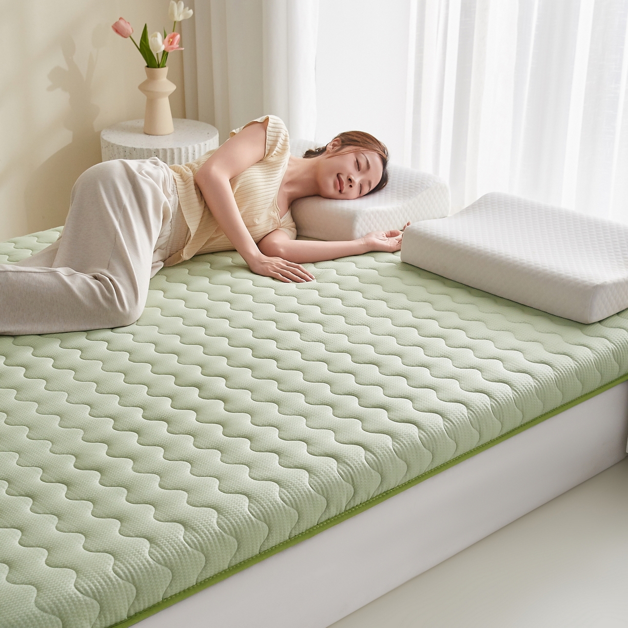 91家纺网 家纺一手货源 找家纺 喜她床垫 2026新款磨毛泡泡抗压棉床垫 泡泡绿色（8cm）