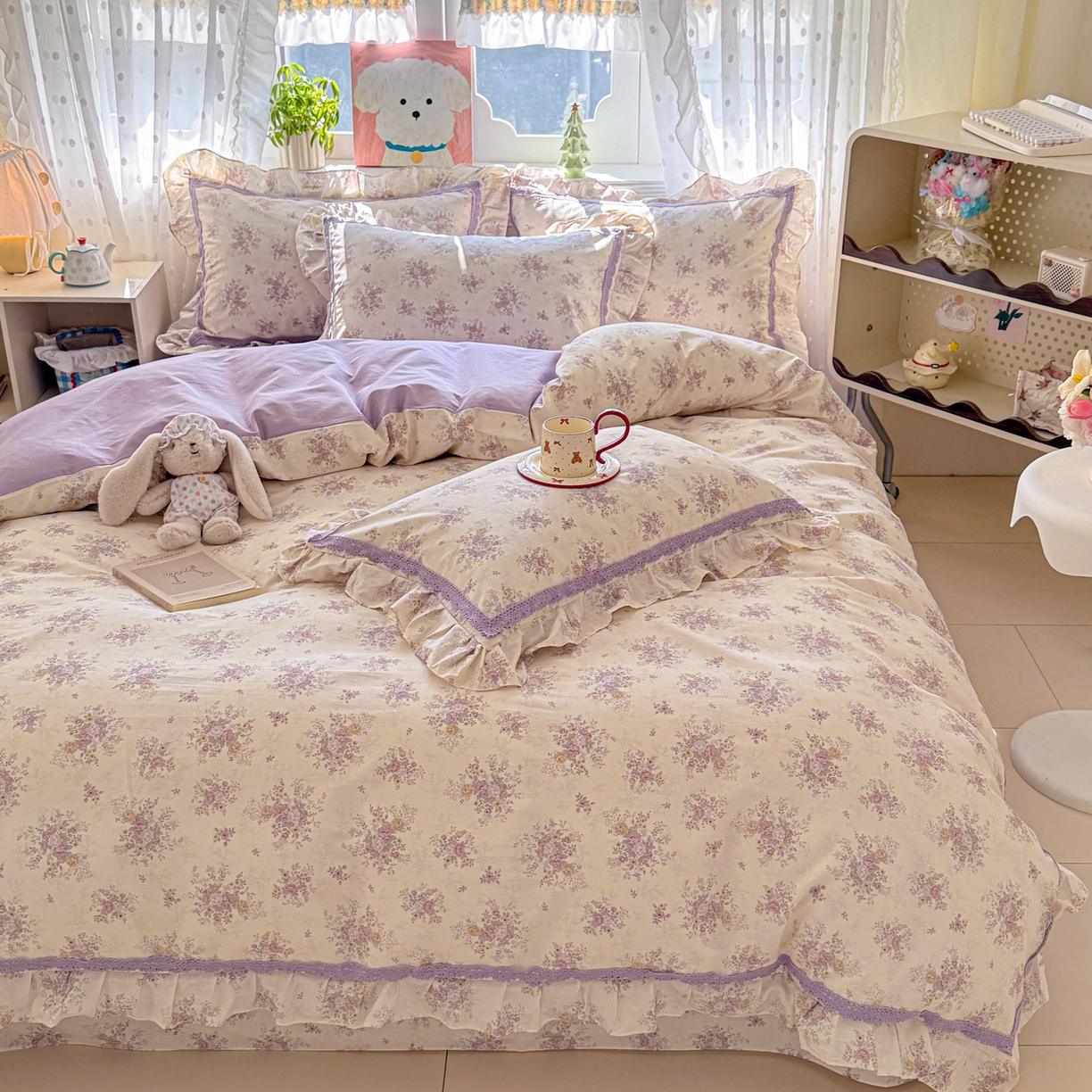 91家纺网 家纺一手货源 找家纺 眠屿家纺 2026新款40支全棉纯棉小清新法式花边款四件套 花梦缘