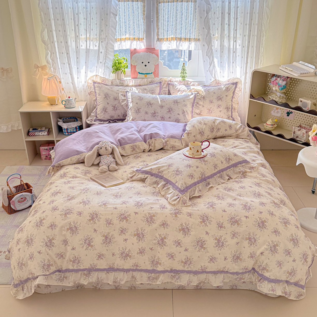 91家纺网 家纺一手货源 找家纺 眠屿家纺 2026新款40支全棉纯棉小清新法式花边款四件套 花梦缘