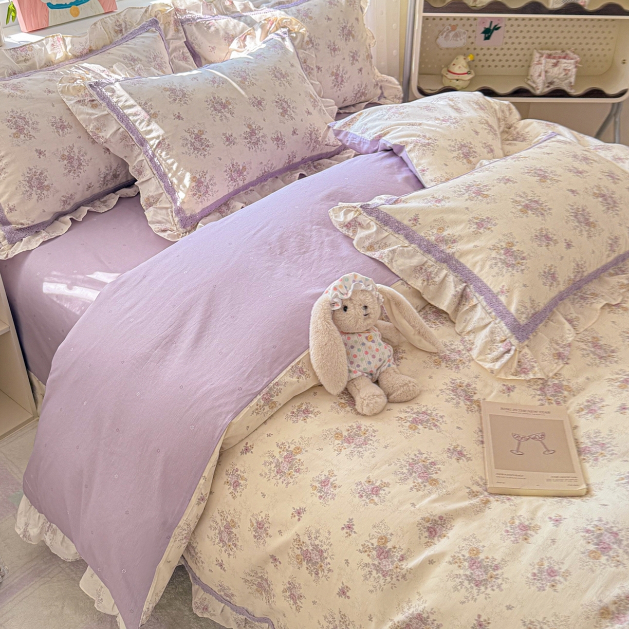 91家纺网 家纺一手货源 找家纺 眠屿家纺 2026新款40支全棉纯棉小清新法式花边款四件套 花梦缘