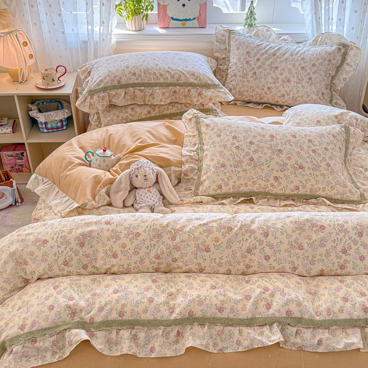 91家纺网 家纺一手货源 找家纺 眠屿家纺 2026新款40支全棉纯棉小清新法式花边款四件套 蓝语迷情