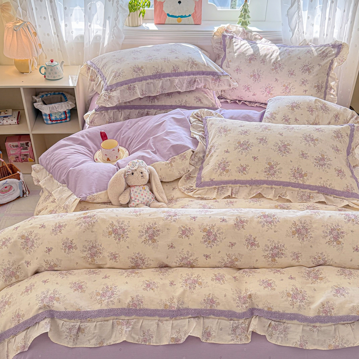 91家纺网 家纺一手货源 找家纺 眠屿家纺 2026新款40支全棉纯棉小清新法式花边款四件套 花梦缘