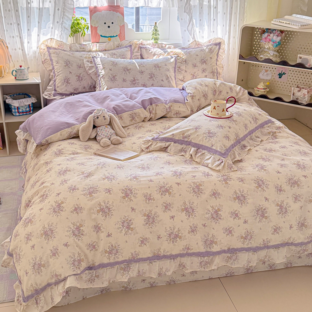 91家纺网 家纺一手货源 找家纺 眠屿家纺 2026新款40支全棉纯棉小清新法式花边款四件套 花梦缘