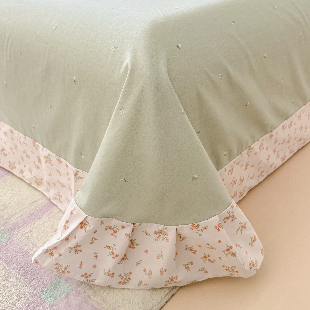 91家纺网 家纺一手货源 找家纺 眠屿家纺 2026新款40支全棉纯棉小清新法式花边款四件套 柔色花笺