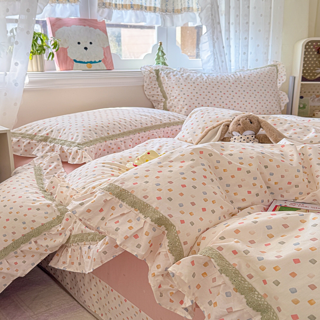 91家纺网 家纺一手货源 找家纺 眠屿家纺 2026新款40支全棉纯棉小清新法式花边款四件套 悠漾花影