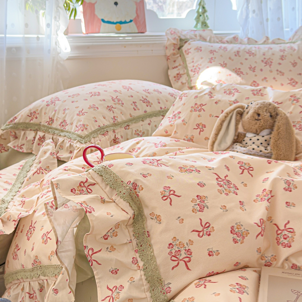 91家纺网 家纺一手货源 找家纺 眠屿家纺 2026新款40支全棉纯棉小清新法式花边款四件套 法式花园