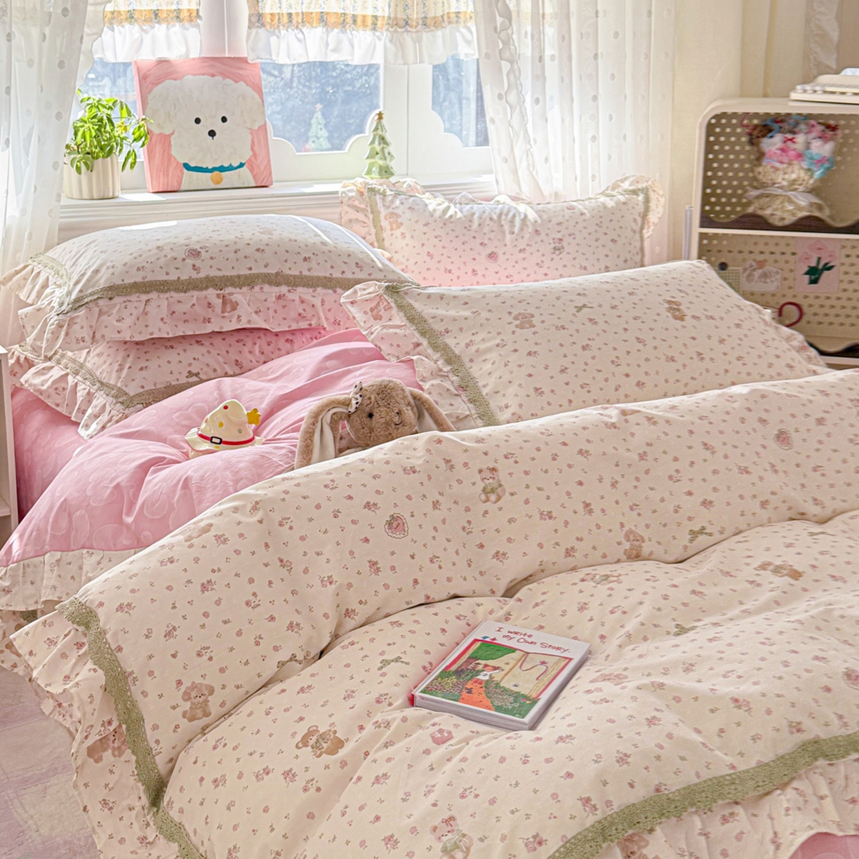 91家纺网 家纺一手货源 找家纺 眠屿家纺 2026新款40支全棉纯棉小清新法式花边款四件套 花意阑珊