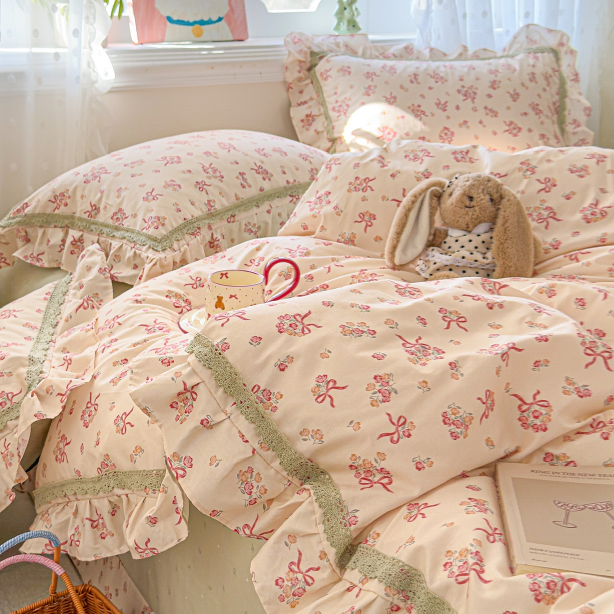 91家纺网 家纺一手货源 找家纺 眠屿家纺 2026新款40支全棉纯棉小清新法式花边款四件套 法式花园