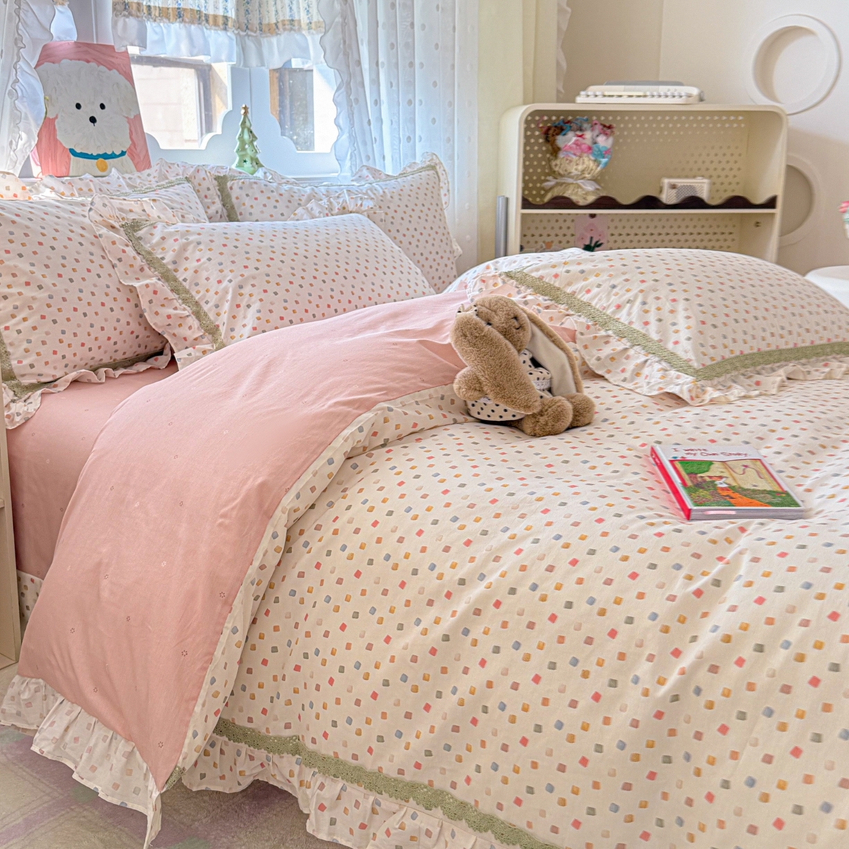 91家纺网 家纺一手货源 找家纺 眠屿家纺 2026新款40支全棉纯棉小清新法式花边款四件套 悠漾花影