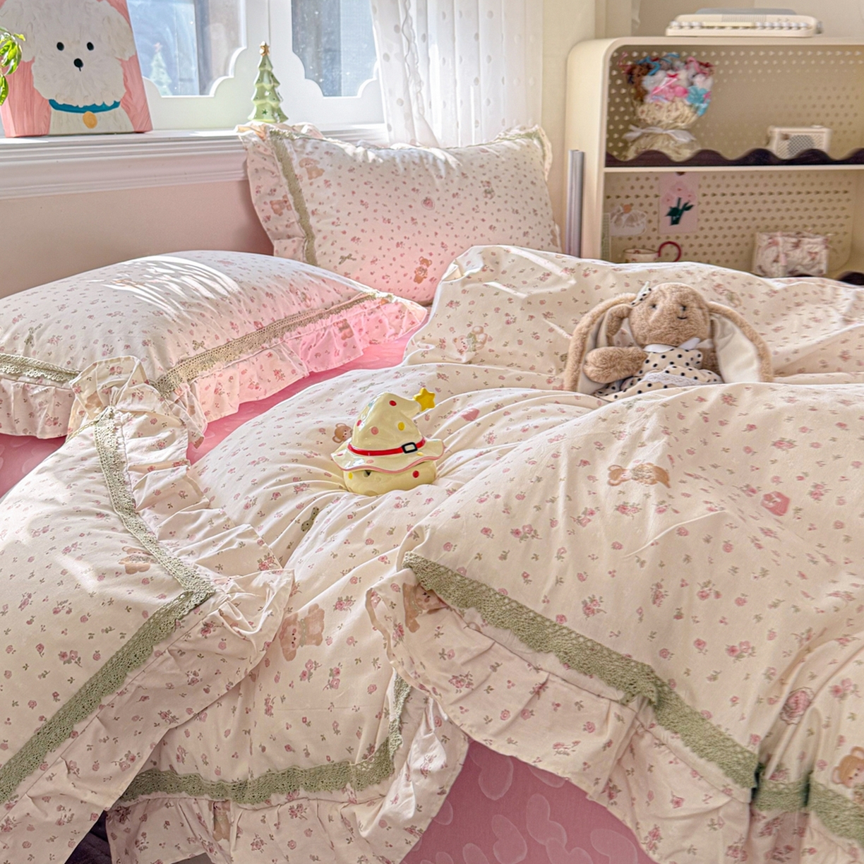 91家纺网 家纺一手货源 找家纺 眠屿家纺 2026新款40支全棉纯棉小清新法式花边款四件套 花意阑珊