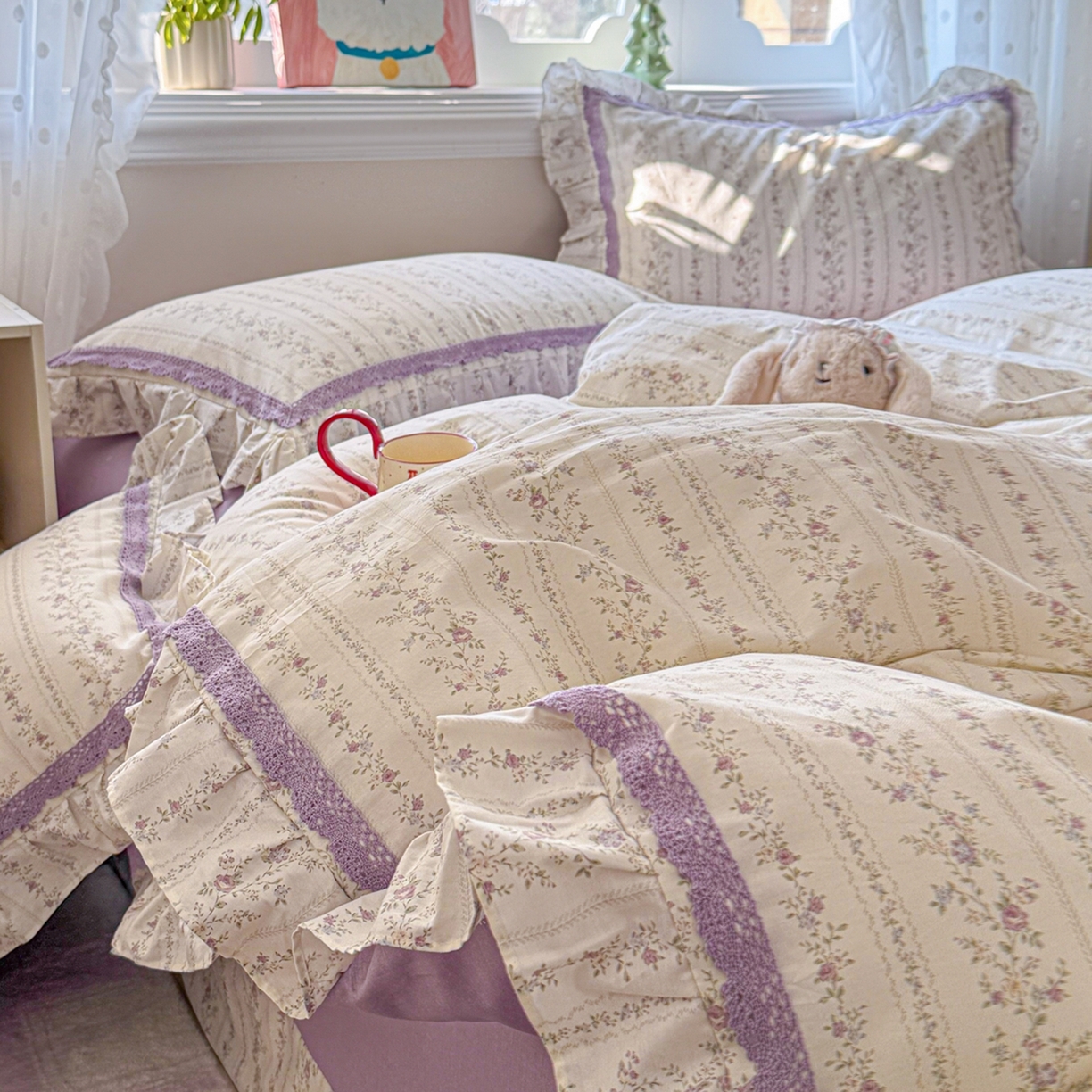 91家纺网 家纺一手货源 找家纺 眠屿家纺 2026新款40支全棉纯棉小清新法式花边款四件套 伊人飘香