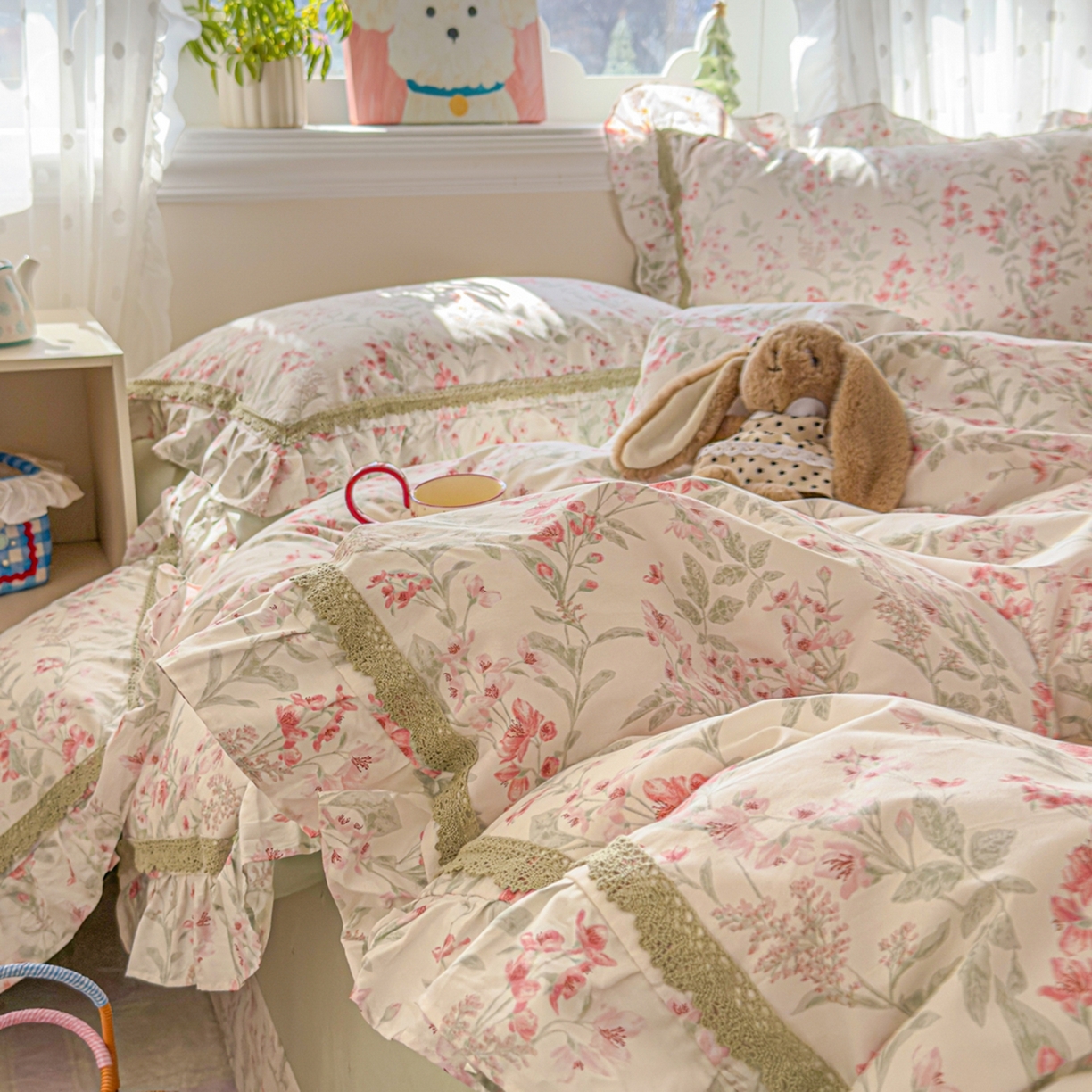 91家纺网 家纺一手货源 找家纺 眠屿家纺 2026新款40支全棉纯棉小清新法式花边款四件套 风吟