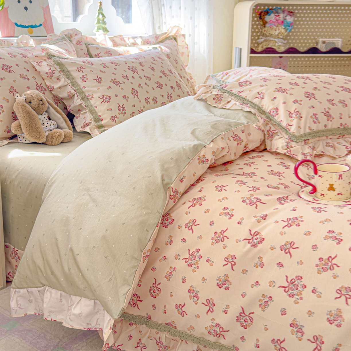 91家纺网 家纺一手货源 找家纺 眠屿家纺 2026新款40支全棉纯棉小清新法式花边款四件套 法式花园