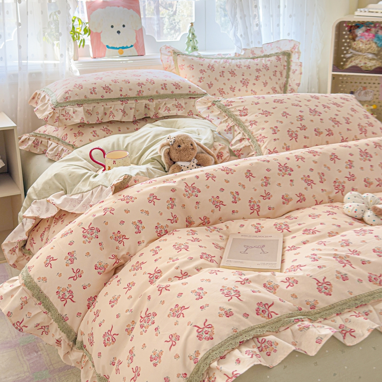 91家纺网 家纺一手货源 找家纺 眠屿家纺 2026新款40支全棉纯棉小清新法式花边款四件套 法式花园