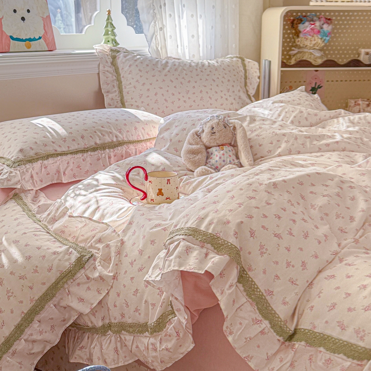 91家纺网 家纺一手货源 找家纺 眠屿家纺 2026新款40支全棉纯棉小清新法式花边款四件套 温婉花语