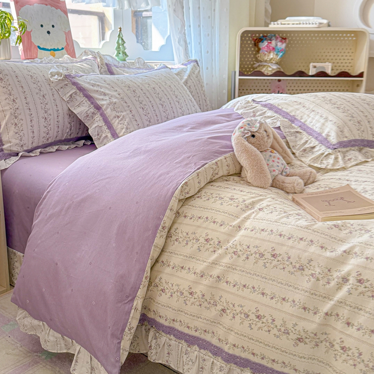 91家纺网 家纺一手货源 找家纺 眠屿家纺 2026新款40支全棉纯棉小清新法式花边款四件套 伊人飘香