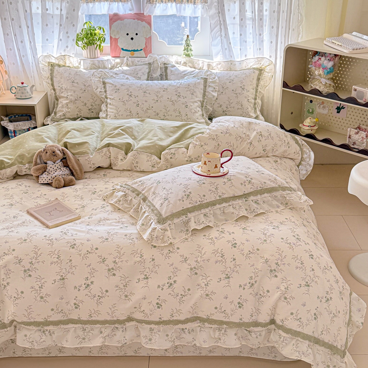 91家纺网 家纺一手货源 找家纺 眠屿家纺 2026新款40支全棉纯棉小清新法式花边款四件套 蝶海恋花