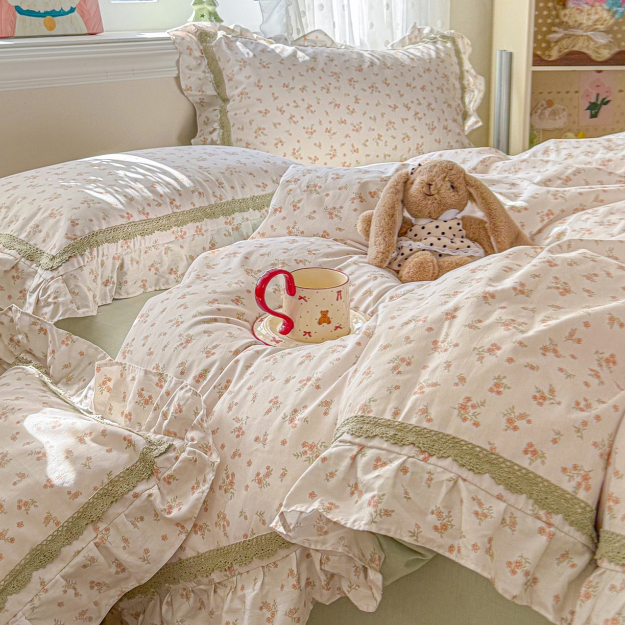 91家纺网 家纺一手货源 找家纺 眠屿家纺 2026新款40支全棉纯棉小清新法式花边款四件套 柔色花笺