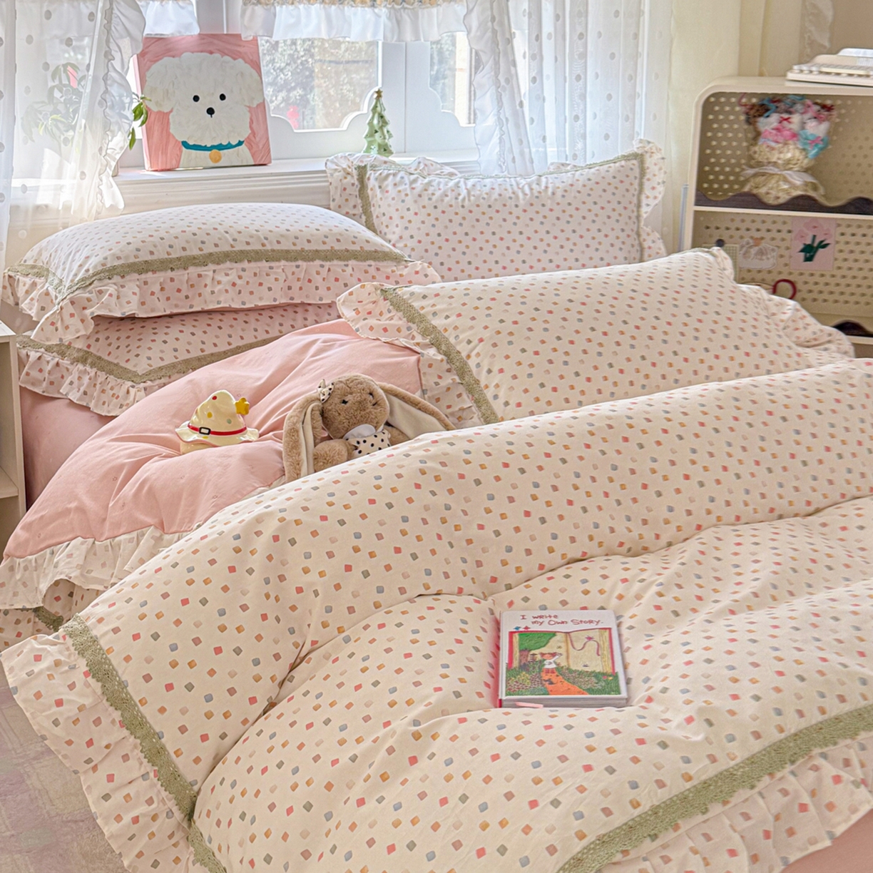 91家纺网 家纺一手货源 找家纺 眠屿家纺 2026新款40支全棉纯棉小清新法式花边款四件套 悠漾花影