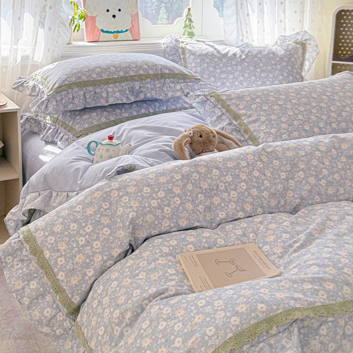 91家纺网 家纺一手货源 找家纺 眠屿家纺 2026新款40支全棉纯棉小清新法式花边款四件套 卡罗时光