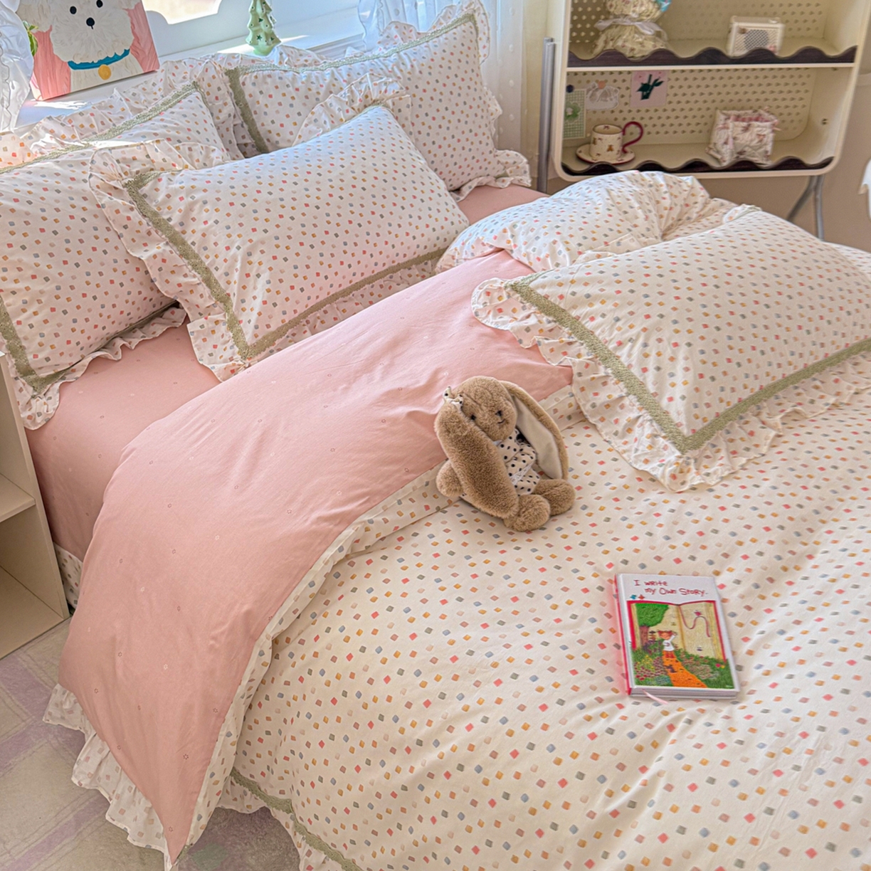 91家纺网 家纺一手货源 找家纺 眠屿家纺 2026新款40支全棉纯棉小清新法式花边款四件套 悠漾花影