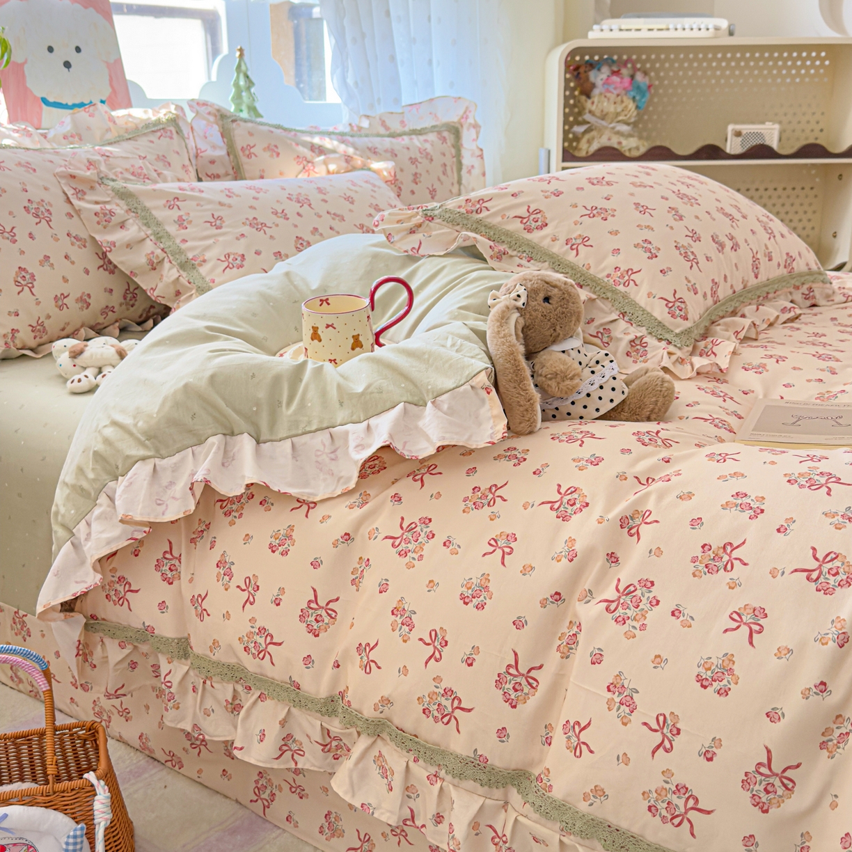 眠屿家纺 2026新款40支全棉纯棉小清新法式花边款四件套 法式花园