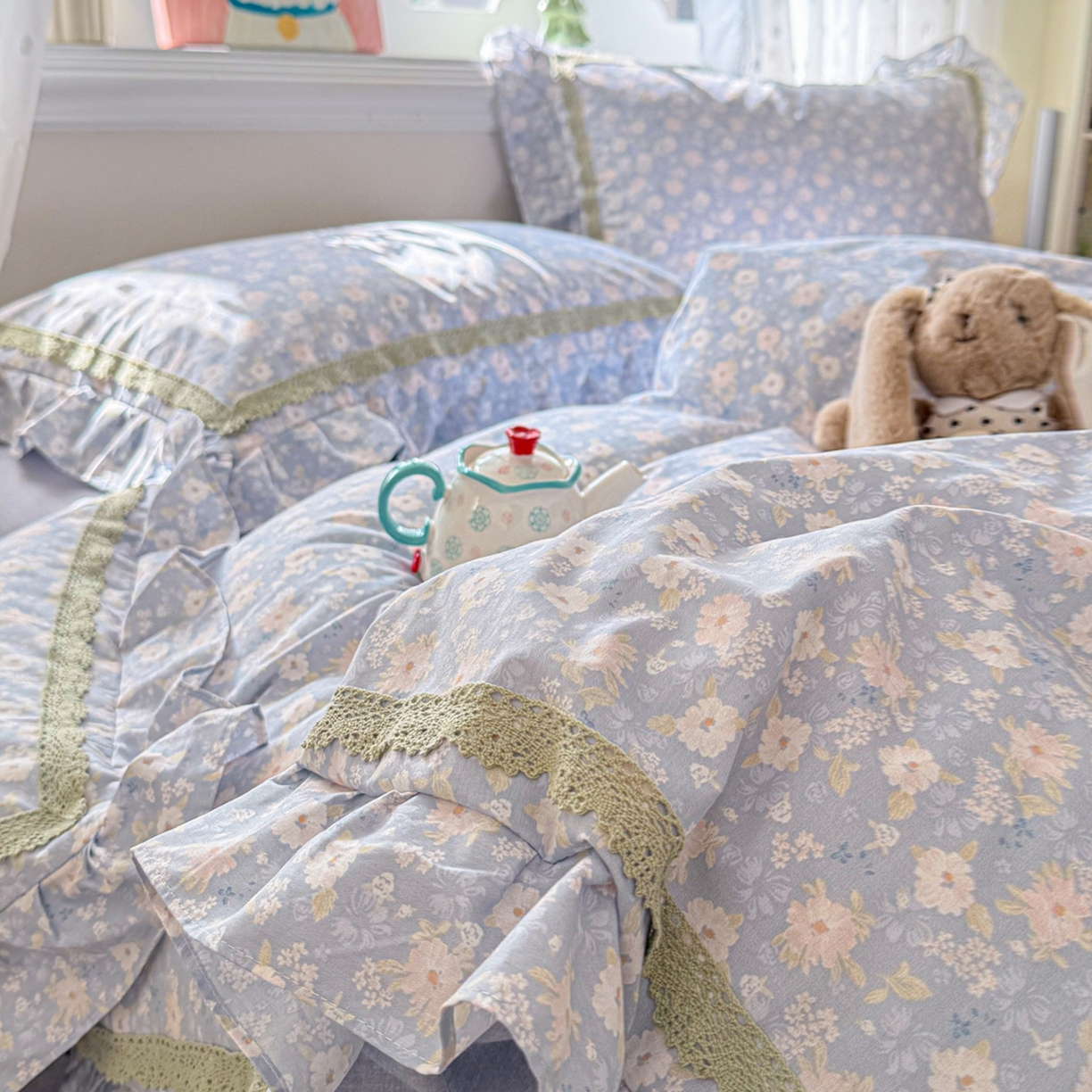 91家纺网 家纺一手货源 找家纺 眠屿家纺 2026新款40支全棉纯棉小清新法式花边款四件套 卡罗时光