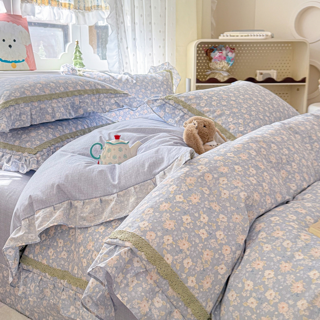 91家纺网 家纺一手货源 找家纺 眠屿家纺 2026新款40支全棉纯棉小清新法式花边款四件套 卡罗时光