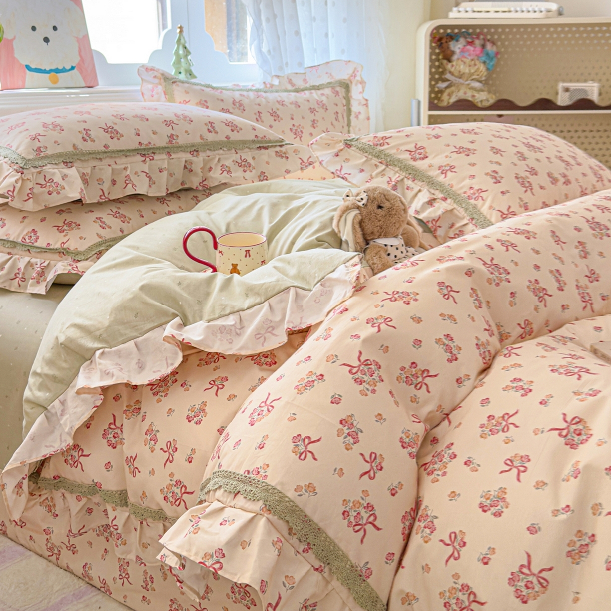 91家纺网 家纺一手货源 找家纺 眠屿家纺 2026新款40支全棉纯棉小清新法式花边款四件套 法式花园