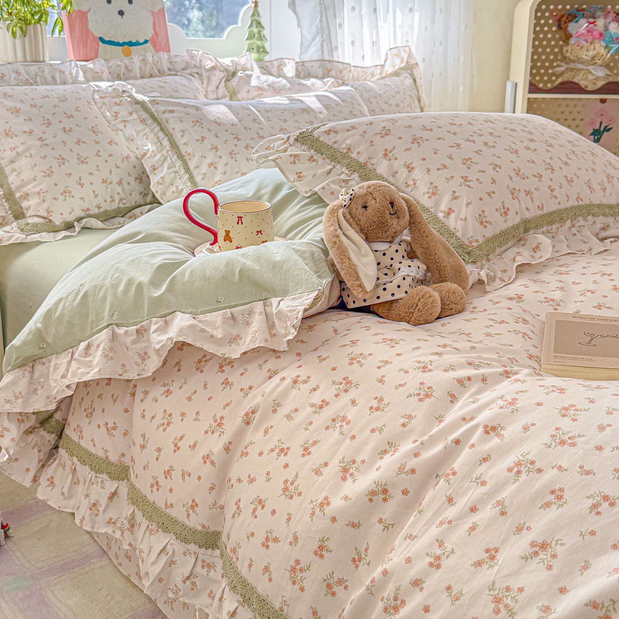 眠屿家纺 2026新款40支全棉纯棉小清新法式花边款四件套 柔色花笺