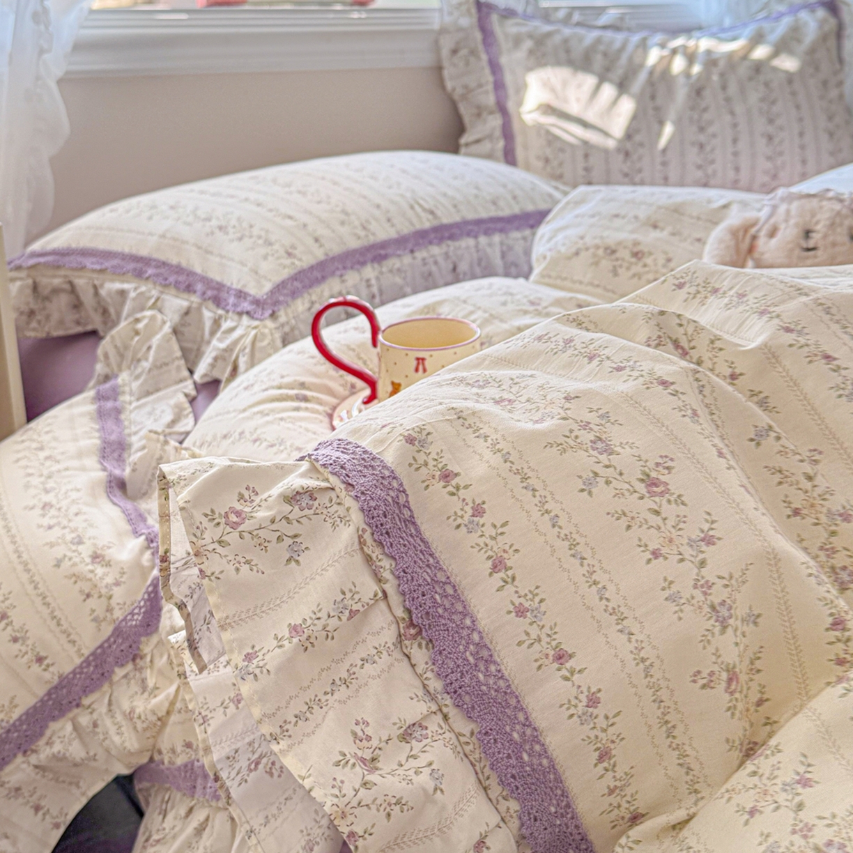 91家纺网 家纺一手货源 找家纺 眠屿家纺 2026新款40支全棉纯棉小清新法式花边款四件套 伊人飘香