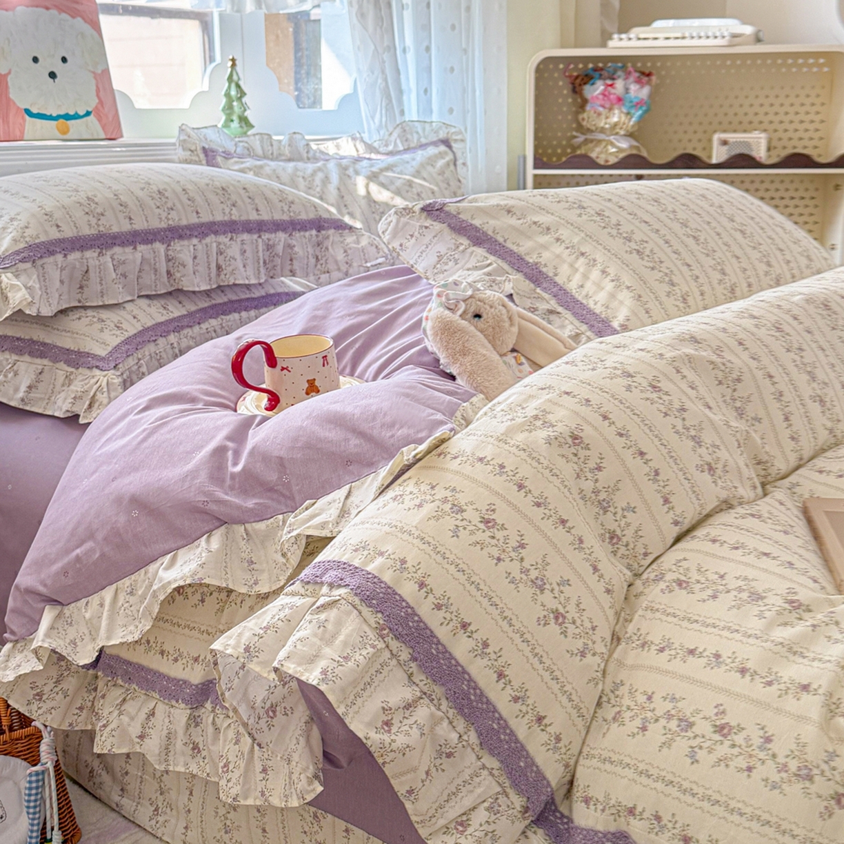 91家纺网 家纺一手货源 找家纺 眠屿家纺 2026新款40支全棉纯棉小清新法式花边款四件套 伊人飘香