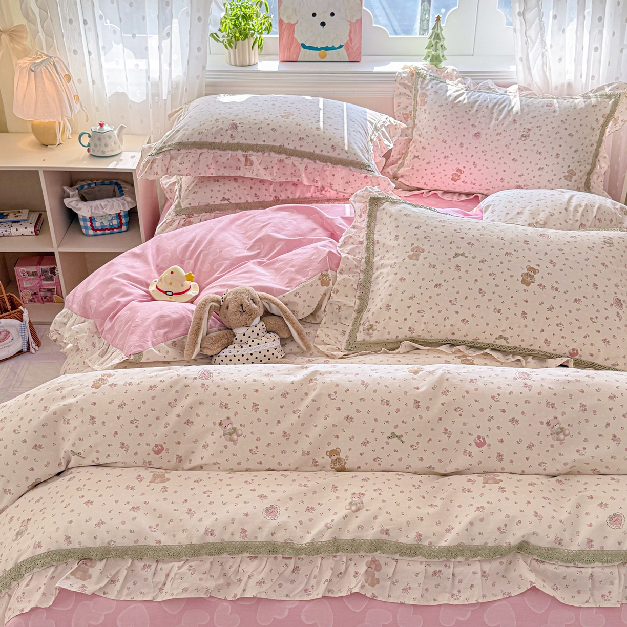 91家纺网 家纺一手货源 找家纺 眠屿家纺 2026新款40支全棉纯棉小清新法式花边款四件套 花意阑珊