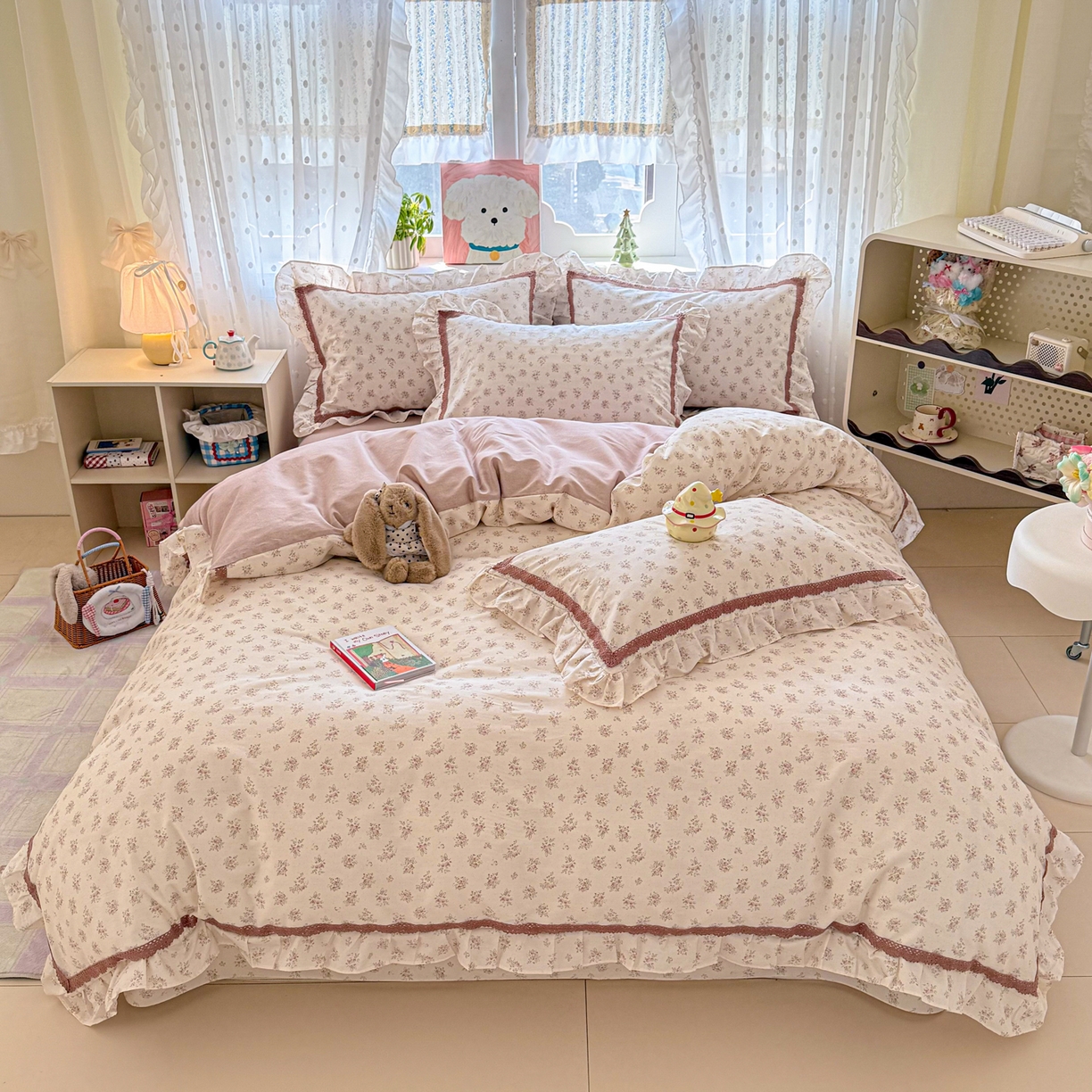 91家纺网 家纺一手货源 找家纺 眠屿家纺 2026新款40支全棉纯棉小清新法式花边款四件套 怡人香舍