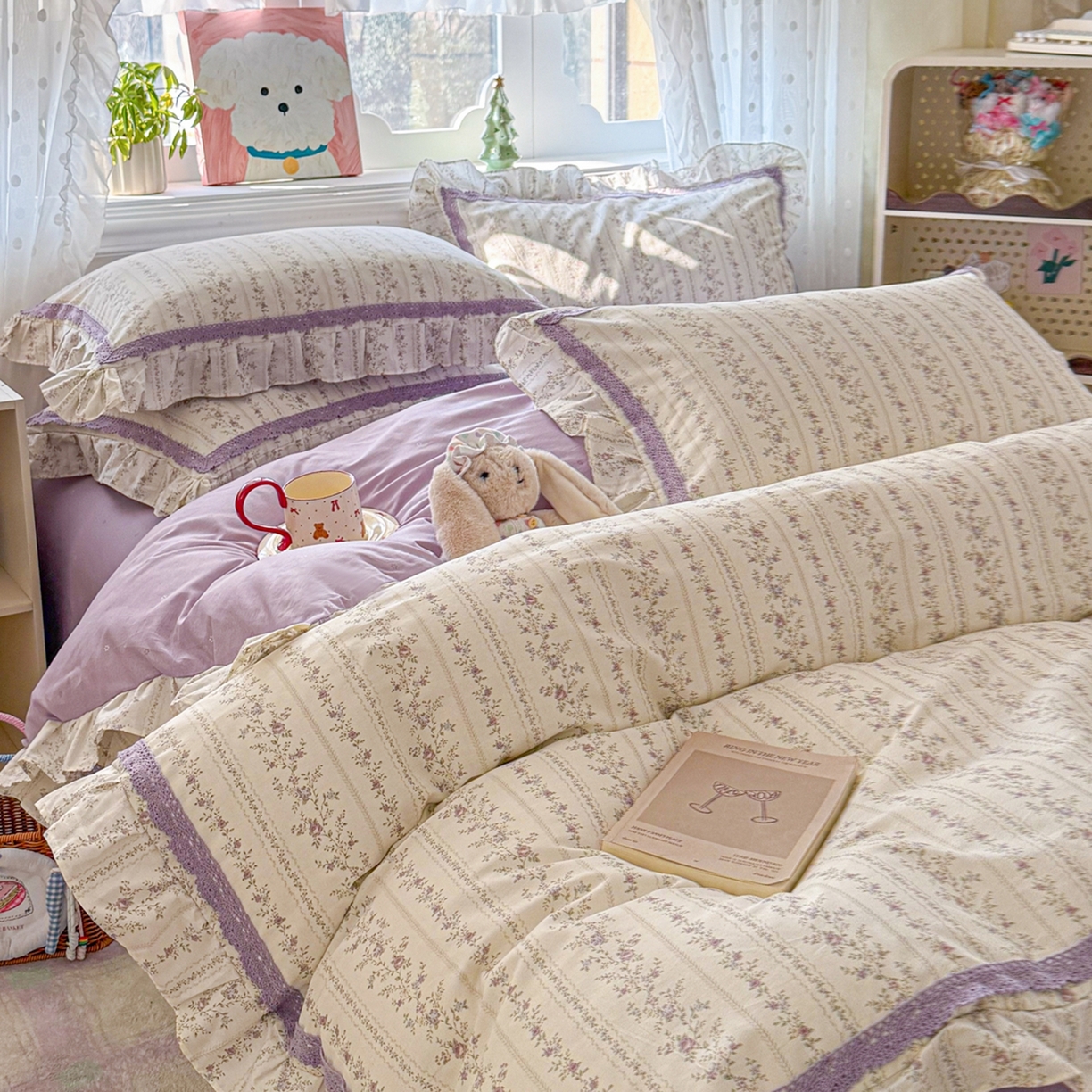 91家纺网 家纺一手货源 找家纺 眠屿家纺 2026新款40支全棉纯棉小清新法式花边款四件套 伊人飘香