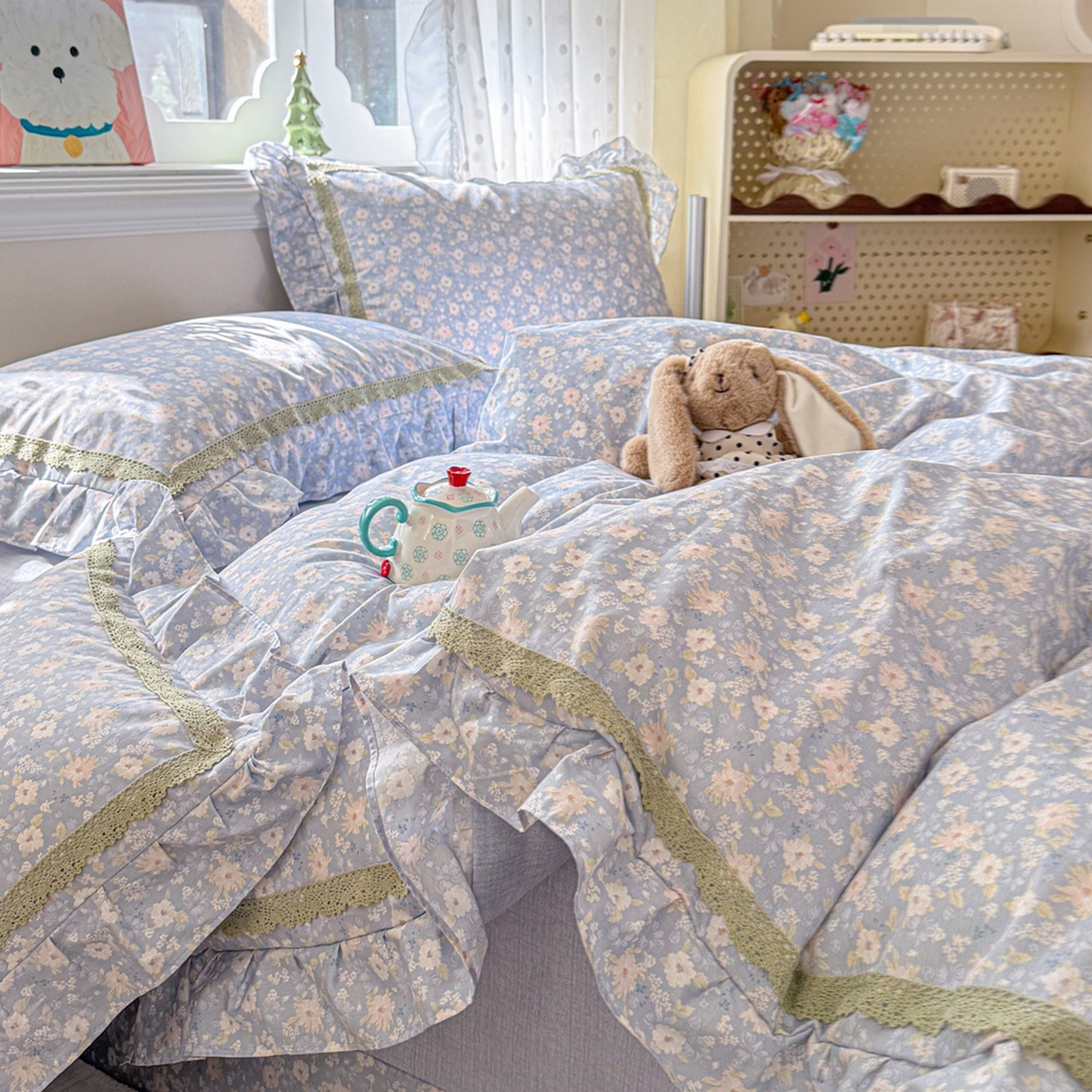 91家纺网 家纺一手货源 找家纺 眠屿家纺 2026新款40支全棉纯棉小清新法式花边款四件套 卡罗时光