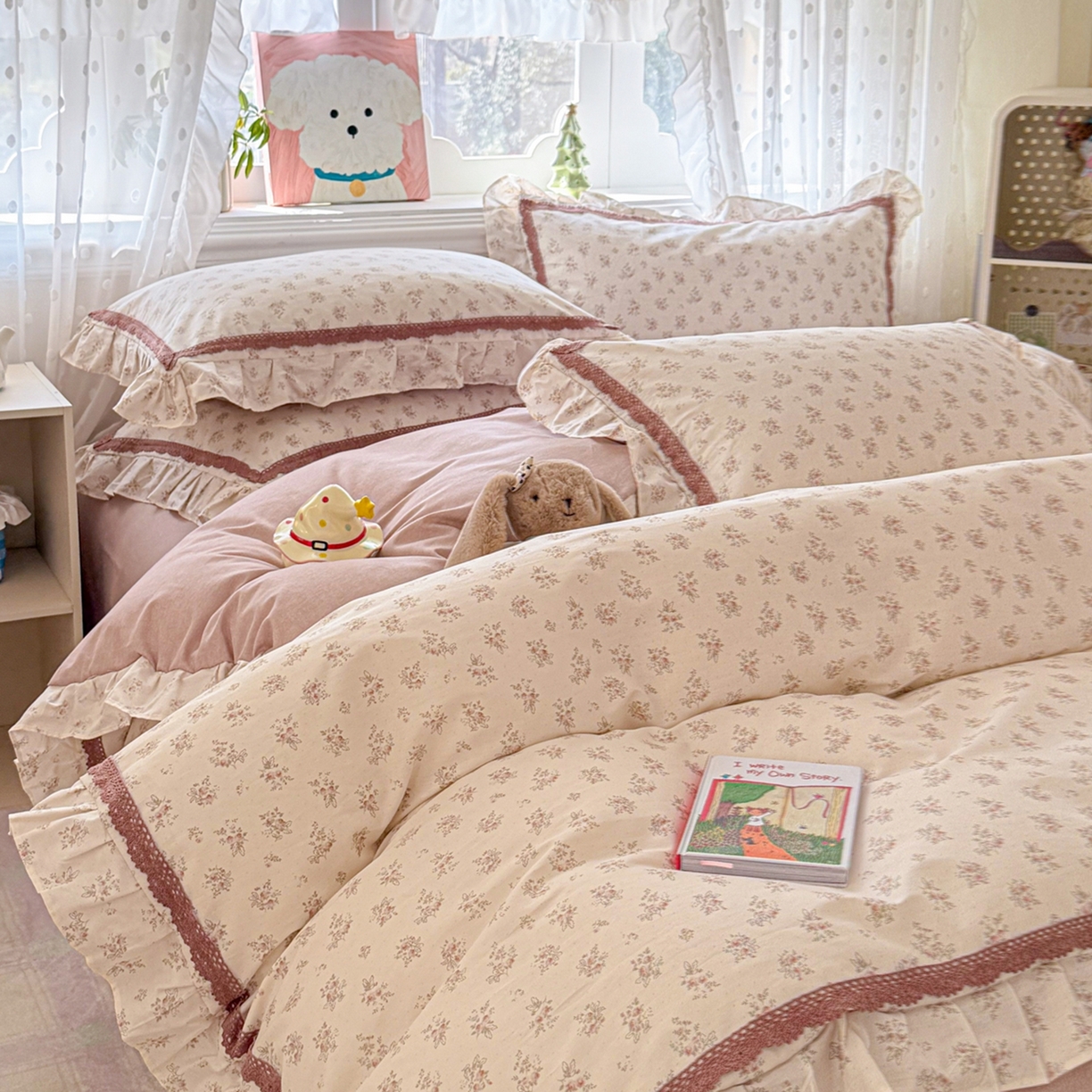 91家纺网 家纺一手货源 找家纺 眠屿家纺 2026新款40支全棉纯棉小清新法式花边款四件套 怡人香舍