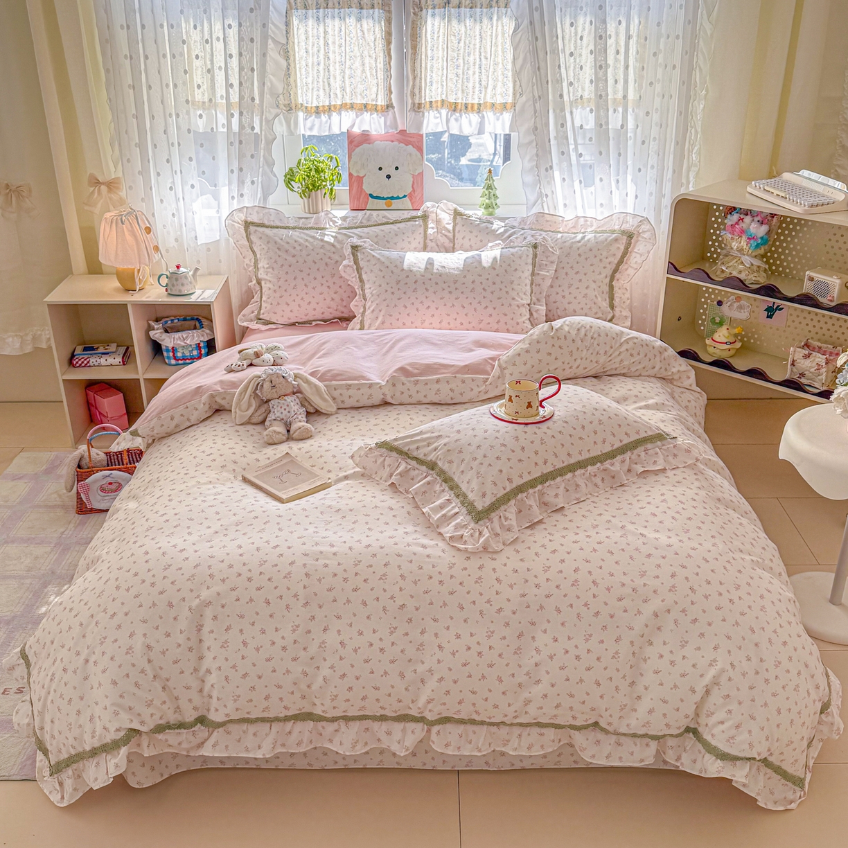 91家纺网 家纺一手货源 找家纺 眠屿家纺 2026新款40支全棉纯棉小清新法式花边款四件套 温婉花语