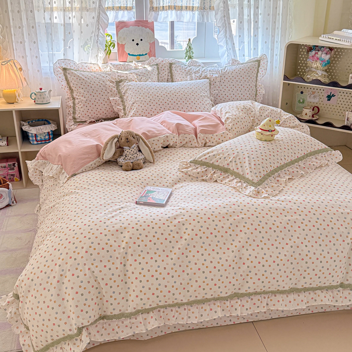 91家纺网 家纺一手货源 找家纺 眠屿家纺 2026新款40支全棉纯棉小清新法式花边款四件套 悠漾花影