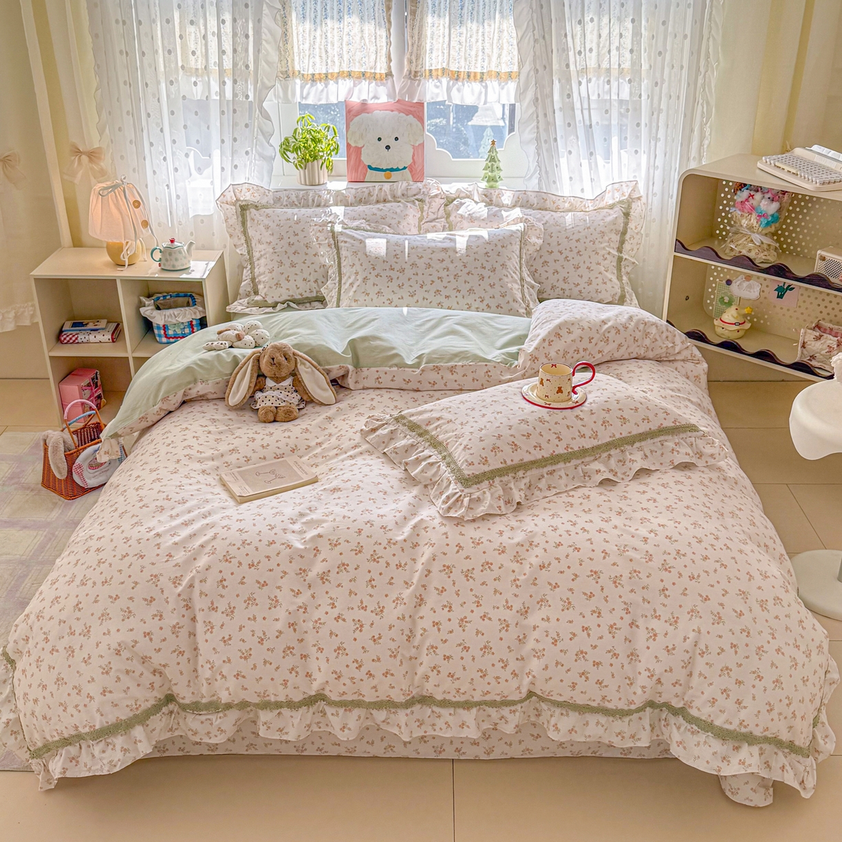 91家纺网 家纺一手货源 找家纺 眠屿家纺 2026新款40支全棉纯棉小清新法式花边款四件套 柔色花笺