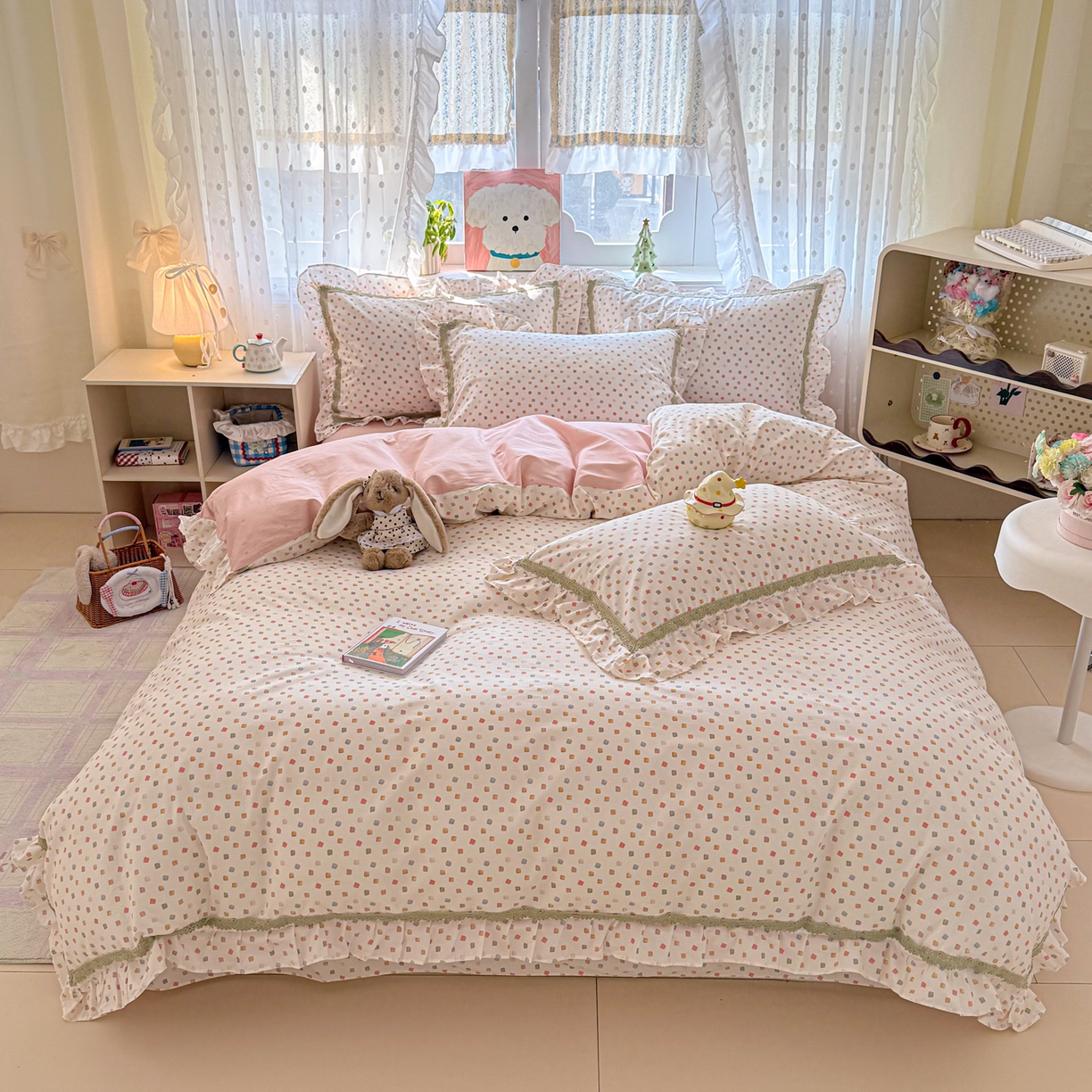 91家纺网 家纺一手货源 找家纺 眠屿家纺 2026新款40支全棉纯棉小清新法式花边款四件套 悠漾花影