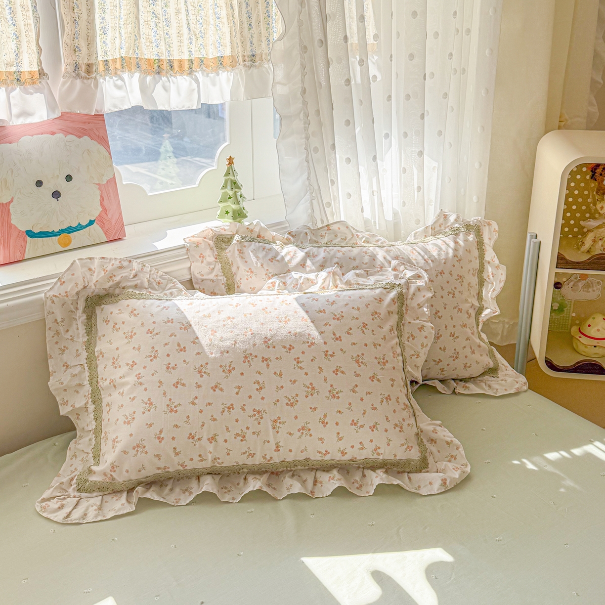 91家纺网 家纺一手货源 找家纺 眠屿家纺 2026新款40支全棉纯棉小清新法式花边款四件套 柔色花笺