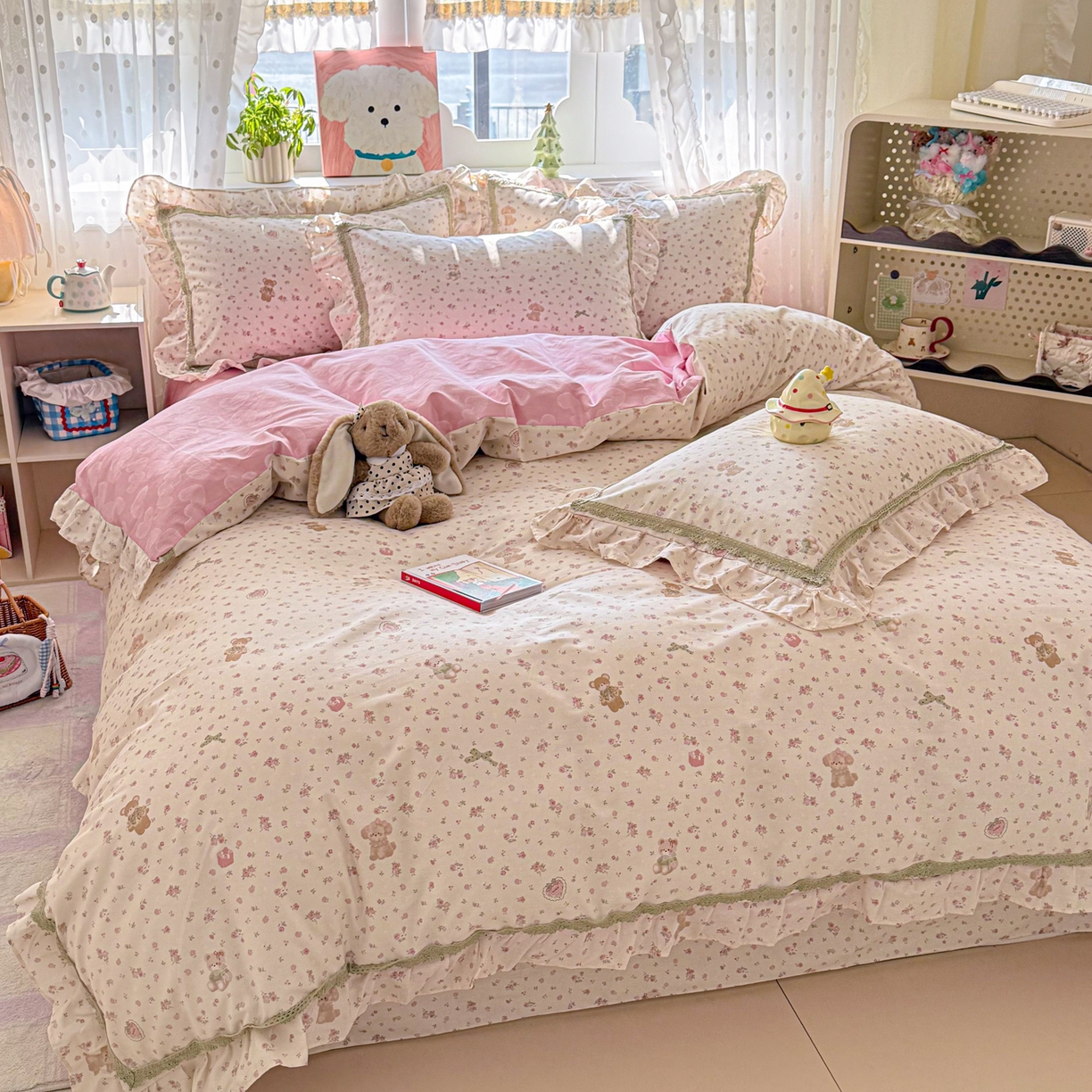 91家纺网 家纺一手货源 找家纺 眠屿家纺 2026新款40支全棉纯棉小清新法式花边款四件套 花意阑珊