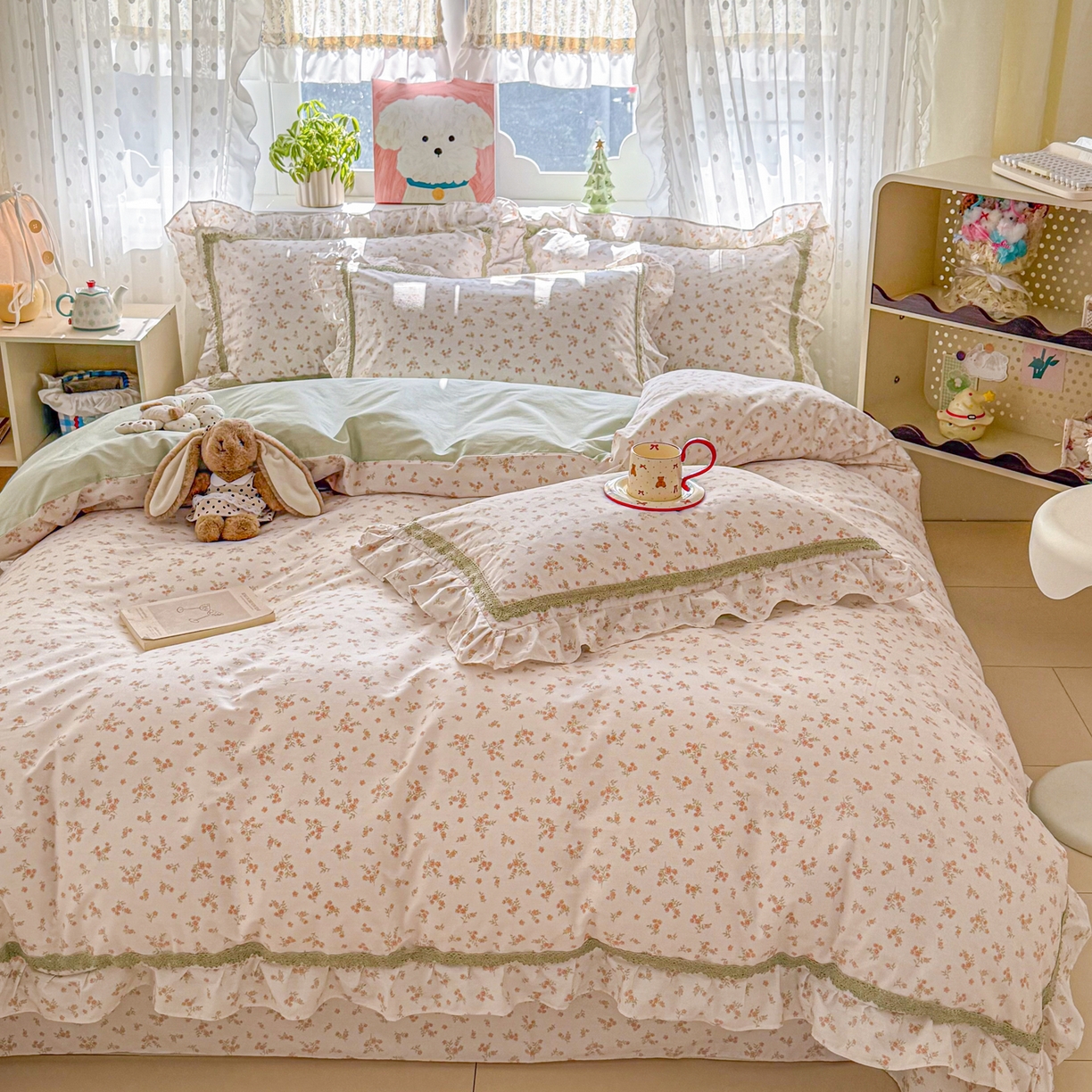 91家纺网 家纺一手货源 找家纺 眠屿家纺 2026新款40支全棉纯棉小清新法式花边款四件套 柔色花笺