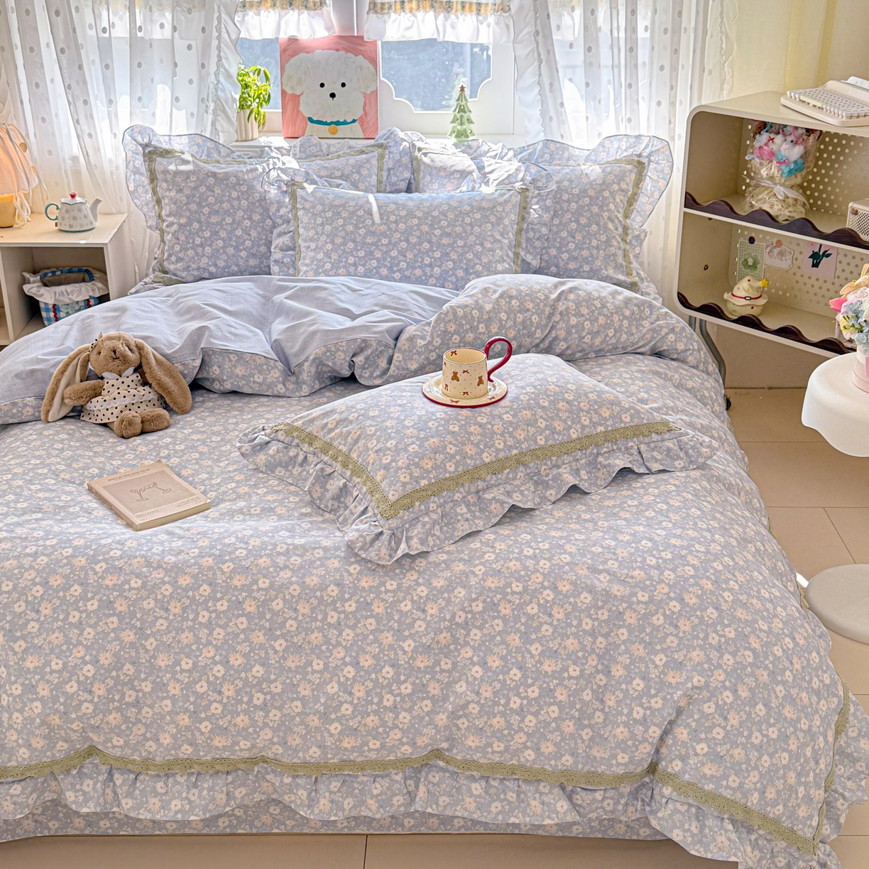 91家纺网 家纺一手货源 找家纺 眠屿家纺 2026新款40支全棉纯棉小清新法式花边款四件套 卡罗时光