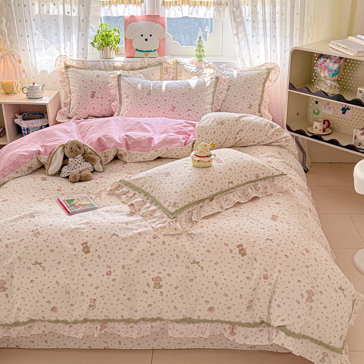 91家纺网 家纺一手货源 找家纺 眠屿家纺 2026新款40支全棉纯棉小清新法式花边款四件套 花意阑珊