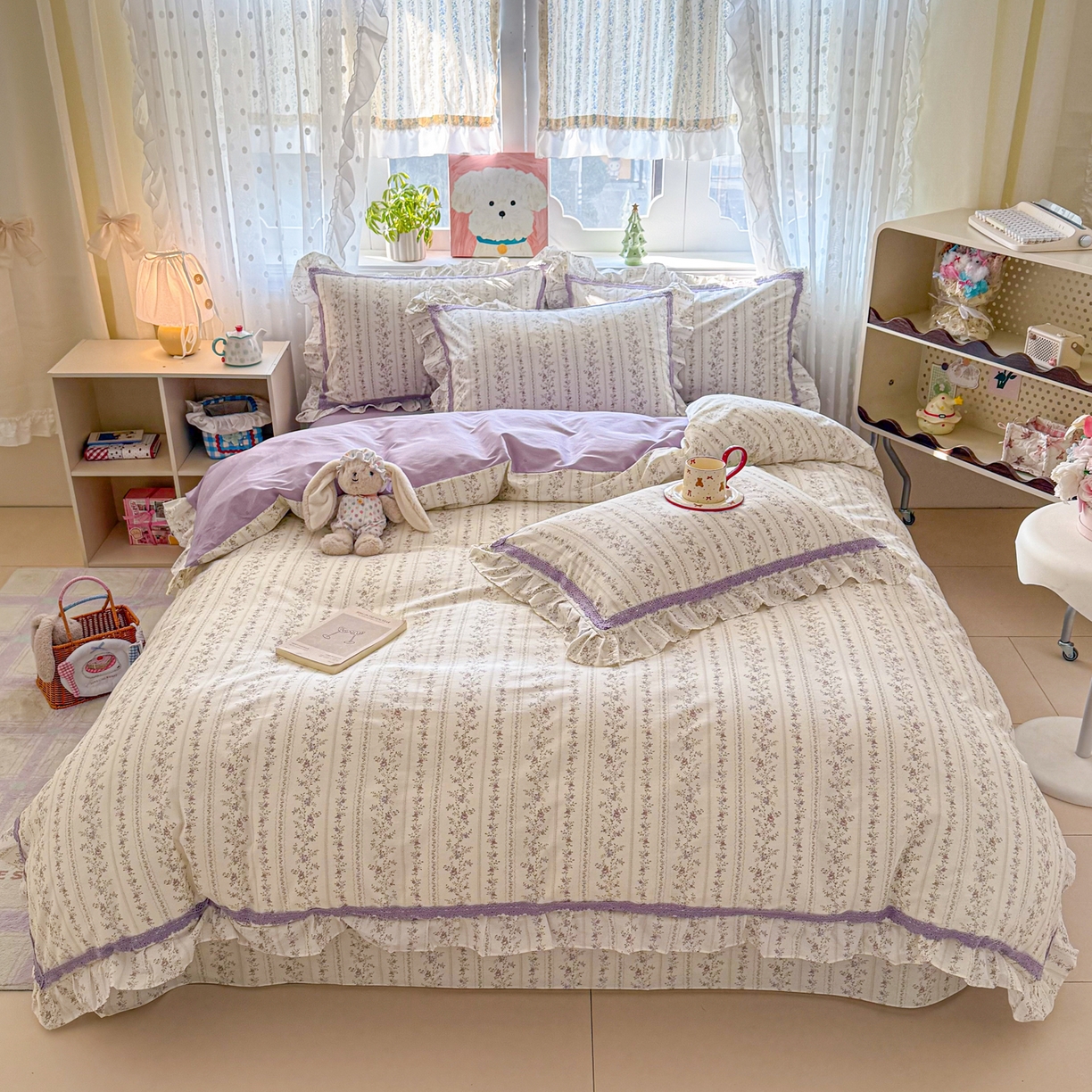 91家纺网 家纺一手货源 找家纺 眠屿家纺 2026新款40支全棉纯棉小清新法式花边款四件套 伊人飘香