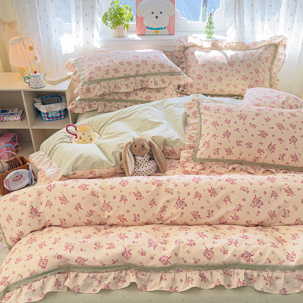 91家纺网 家纺一手货源 找家纺 眠屿家纺 2026新款40支全棉纯棉小清新法式花边款四件套 法式花园