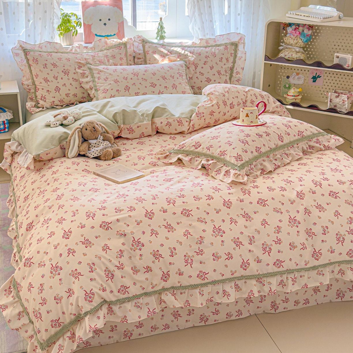 91家纺网 家纺一手货源 找家纺 眠屿家纺 2026新款40支全棉纯棉小清新法式花边款四件套 法式花园