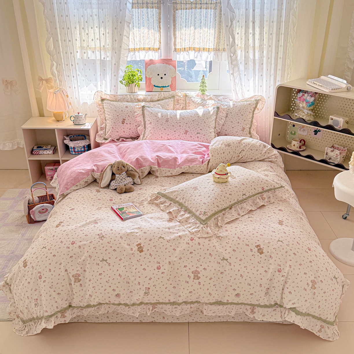 91家纺网 家纺一手货源 找家纺 眠屿家纺 2026新款40支全棉纯棉小清新法式花边款四件套 花意阑珊